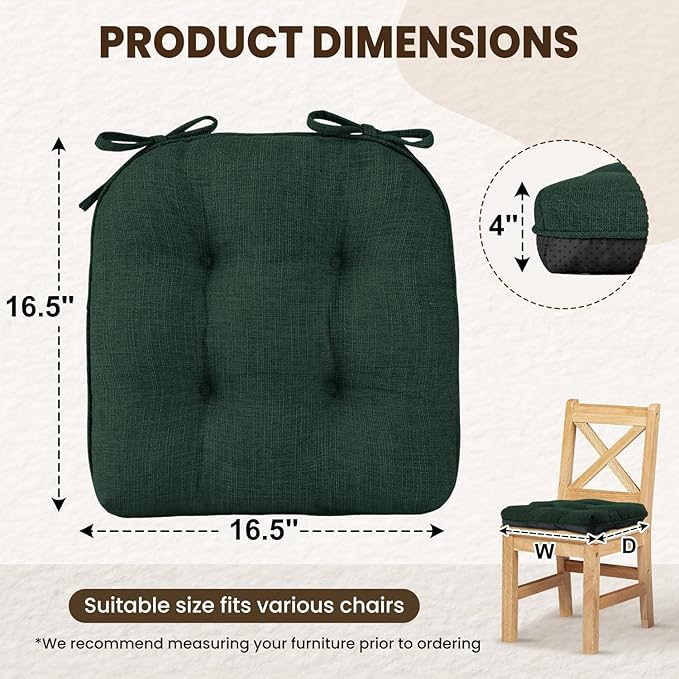 downluxe Indoor Chair Cushions for Dining Chairs, Tufted Overstuffed Textured Kitchen Chair Pads with Ties and Non-Slip Backing, 16.5" x 16.5" x 4", Dark Green, 4 Pack