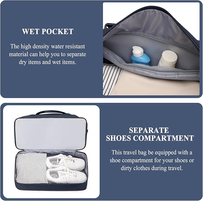 Weekender Bags for Women, Carry on Overnight Weekend Travel Duffel Bag with Shoes Compartment &Toiletry Bag, Personal Item Bag for Travel Business Trips Sport Hospital，Grid-NavyBlue
