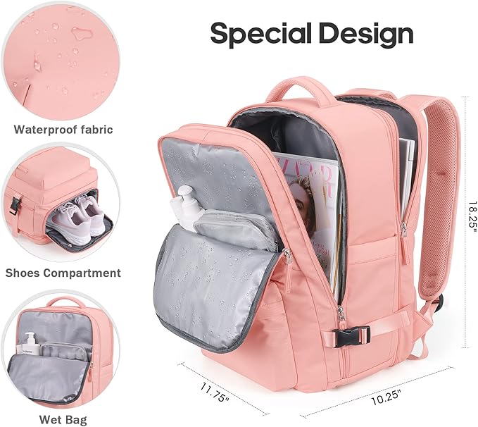 Bagsure Travel Backpack, 42L Carry on Luggage, Flight Approved Expandable Backpack, Laptop Backpack (Pink(Without 4 Packing Cubes))