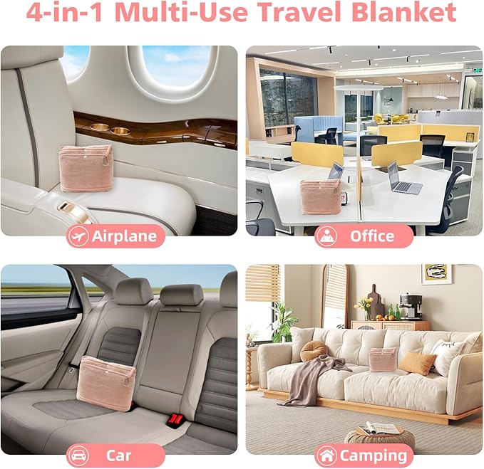 Travel Blanket with Carry Bag, Lightweight Wearable Airplane Blanket, Soft Packable Throw for Travel & Office Blush Pink