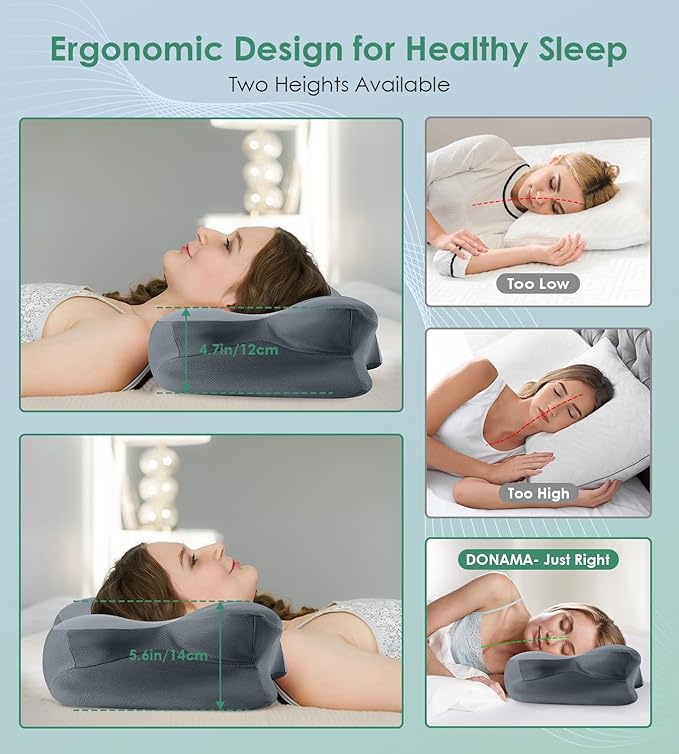 DONAMA Cervical Pillow for Sleeping, Contour Memory Foam Pillow for Neck and Shoulder Support, Ergonomic Neck Pillow for Side Back Stomach Sleepers, Bed Pillows with Cooling Pillowcase