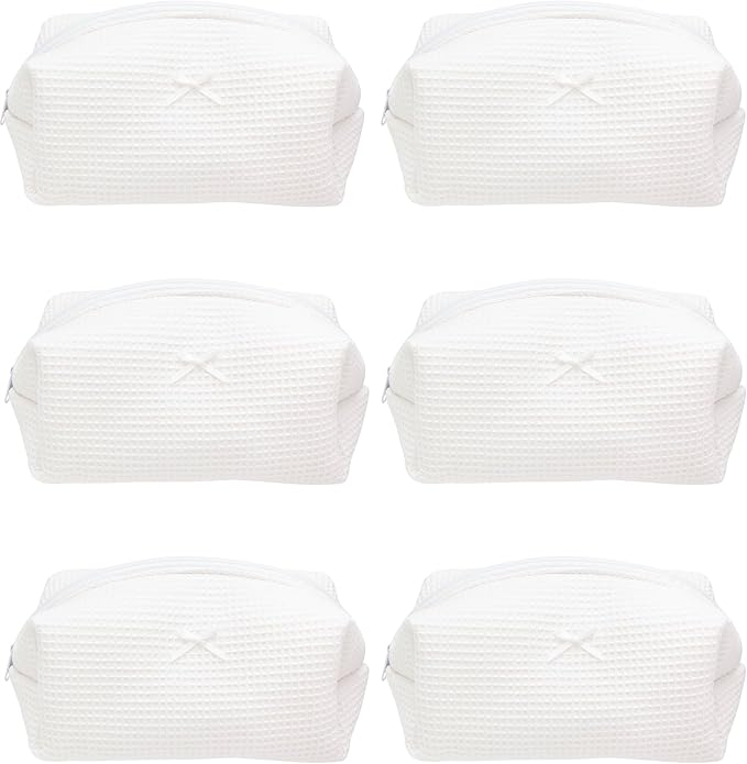PAZIMIIK 6PCS Cozy Makeup Bag SET Travel Cosmetic Bag for Women Soft Toiletry Bag Aesthetic Makeup Organizer Portable Large Zipper Pouch for Skincare Beauty Accessories Brushes Waffle Check White