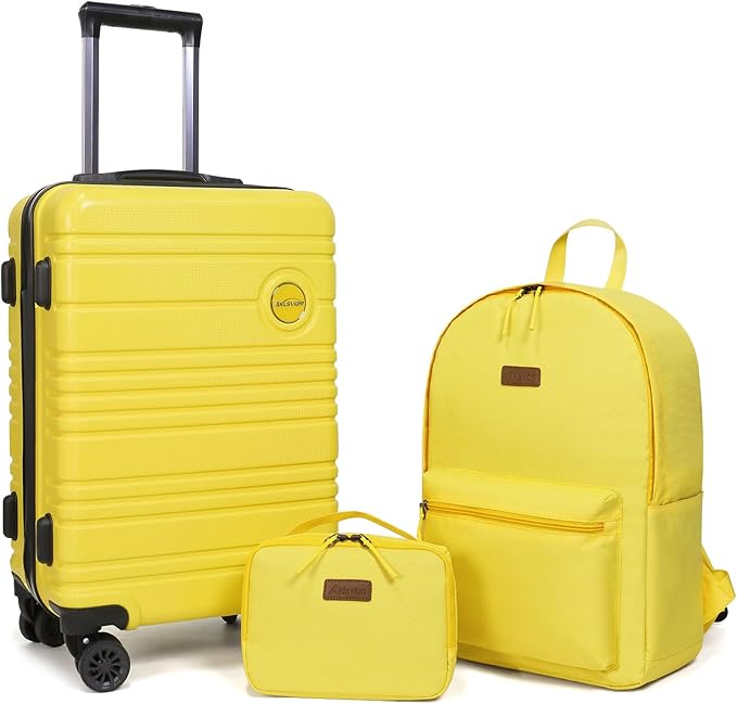 ABS+PC Carry on Luggage set with backpack 3 Pcs suitcace with Spinner wheels TSA Lock 20-In hardshell Lightweight Luggage set(Yellow)