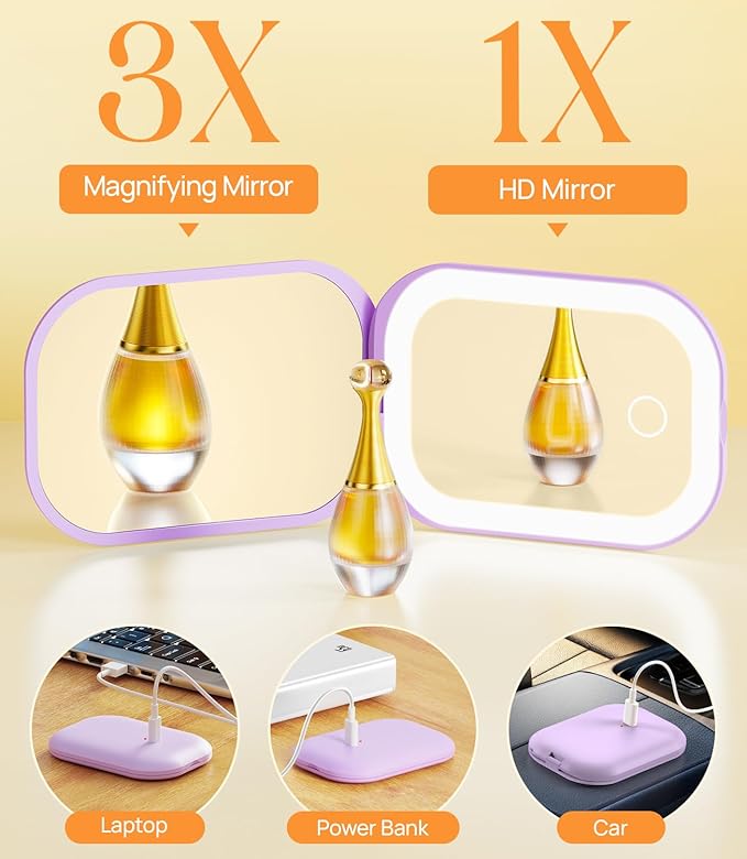 Gospire Lighted Compact Mirror with Light and Magnification 1X/3X, Stepless Dimming and Three-Color Adjustable Lights, Rechargeable Battery and Compact Size for Purse and Travel -Purple