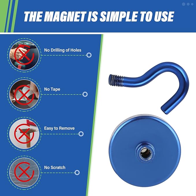 Neosmuk Magnetic Hooks Heavy Duty,Strong Magnet with Hook for Fridge, Super Neodymium Extra Strength Industrial Hooks for Hanging, Magnetic Hanger for Toolbox, Cruise, Grill(Navyblue,6 Pack)
