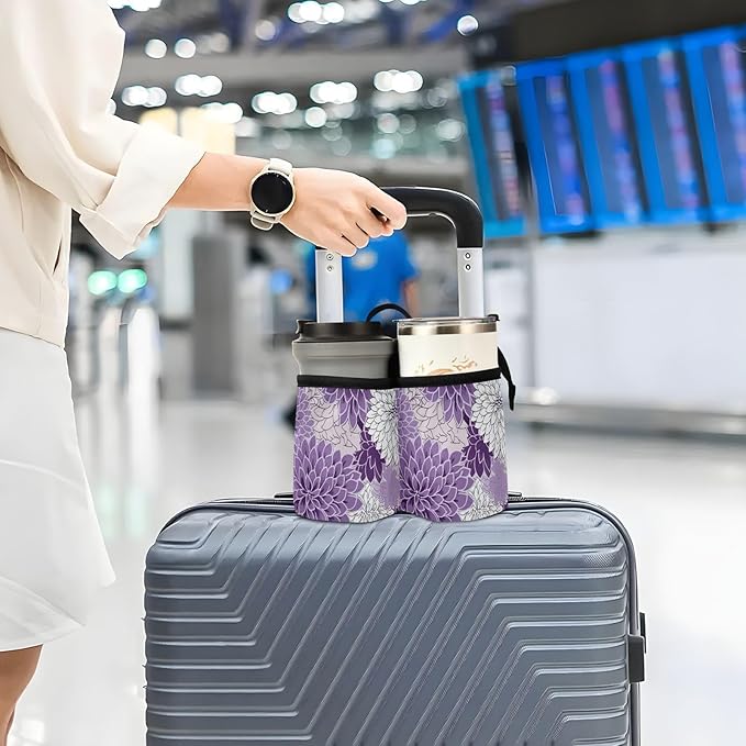 DOMIKING Watercolor Flowers Floral Purple Travel Luggage Cup Holder for Suitcase Free Hands Drink Stroller Caddy with Handle for Beverages Bottle