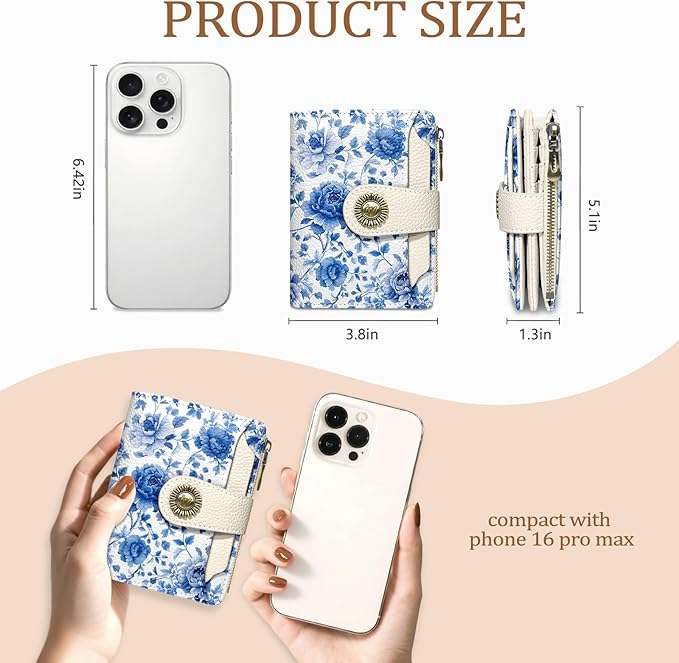 Icycay Floral Flowers Small Wallet Women RFID Blocking Bifold, Credit Card Holder, Zipper Coin Pocket, PU Leather, Compact, Travel, 4 ID Window, 14 Card Slots, Cash Purse, Ladies Woman Female Girls