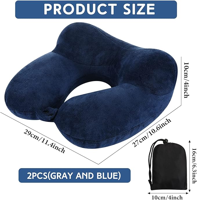 Sintuff 2 Pack Inflatable Travel Pillow for Airplanes Inflatable Neck Flight Pillows with Compact Bag and Blindfold for Traveling, Airplane, Train, Car, Office (Light Gray and Dark Blue)