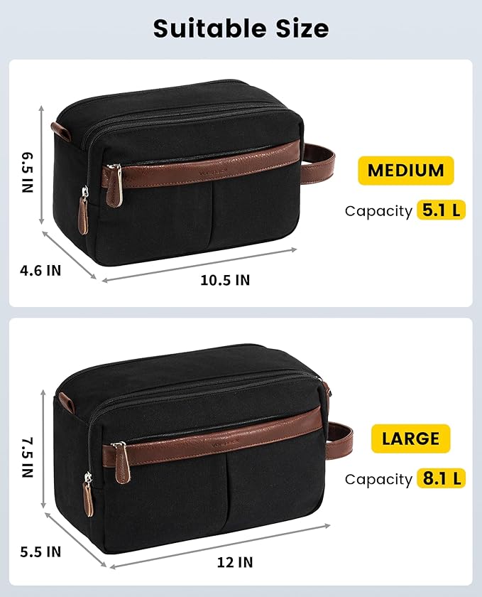 Vorspack Large Canvas Toiletry Bag for Men - Water Resistant Travel Bag for Toiletries, Bathroom Essentials, Accessories - Black