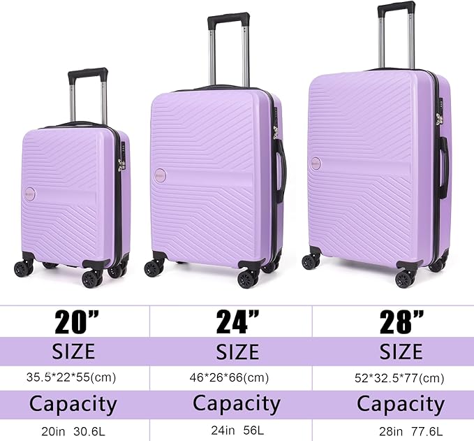 Luggage Set 3 Pieces -Suitcase Set - Luggage with Wheels - Check-in Luggage - PC + ABS Durable Suitcase Rotating Silent Wheels 3-Piece 20/24/28 (Taro Purple)