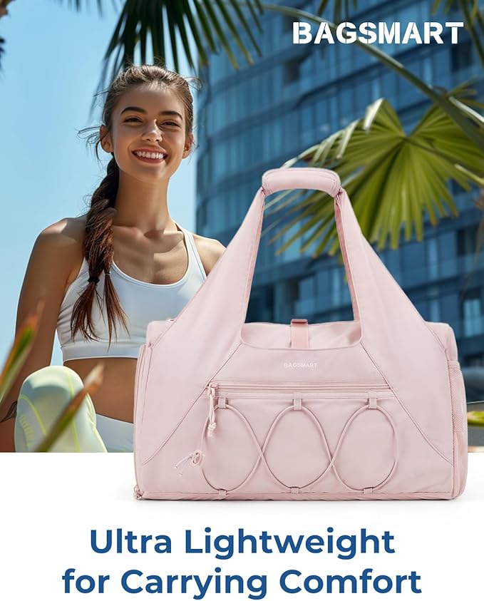 BAGSMART Gym Bag for Women, Lightweight Duffel with Shoe Compartment, Tote Bag with Wet Pocket for Yoga Travel, Pink