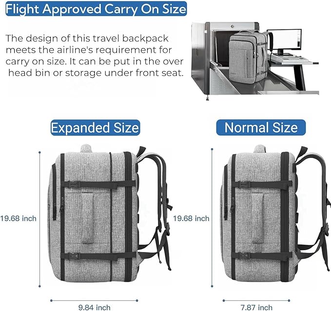 Carry On Backpack, Extra Large 40-50L Travel Backpack for Men & Women, Expandable Backpack For Airplanes, 17 Inch Laptop Backpack, Luggage Suitcase 40L Daypack Lightweight Business Weekender Bag, Grey