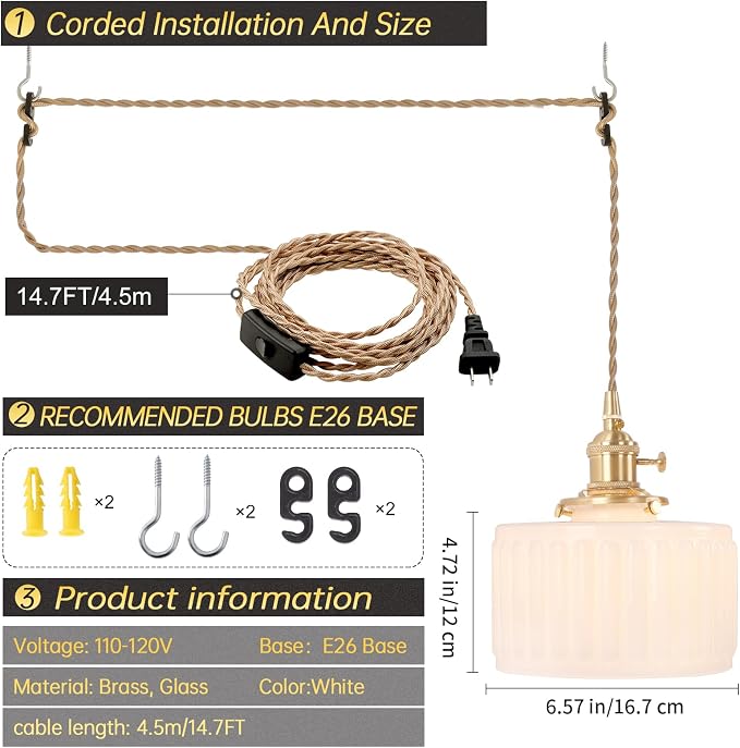 Shenmoyl Plug in Pendant Light Hanging Light Fixtures with Plugin Cord On/Off Switch,White Striped Glass Lampshade Brass Pendant Light