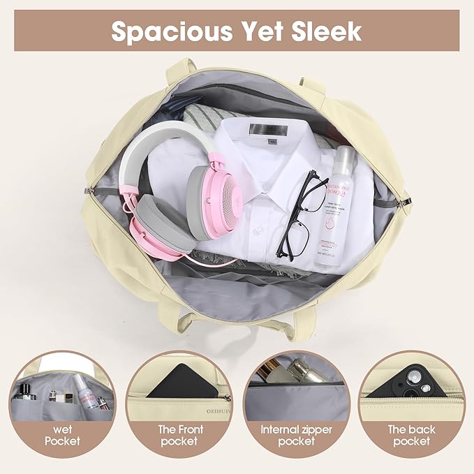 Oeihuivt Weekender Bags for Women - 21 Inch Large Travel Duffel Bag 2-Piece Set with Shoe Compartment, Heavy-Duty Canvas Leather Carry On Overnight Tote
