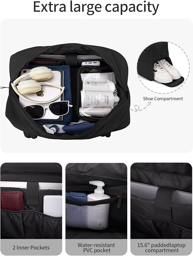Gitus Carry On Duffle Gym Bag for Women Puffer Weekender Overnight Duffel Bag for Travel with Clear Toiletry Pouch Sport Yoga Fitness Essentials Gifts (Black)