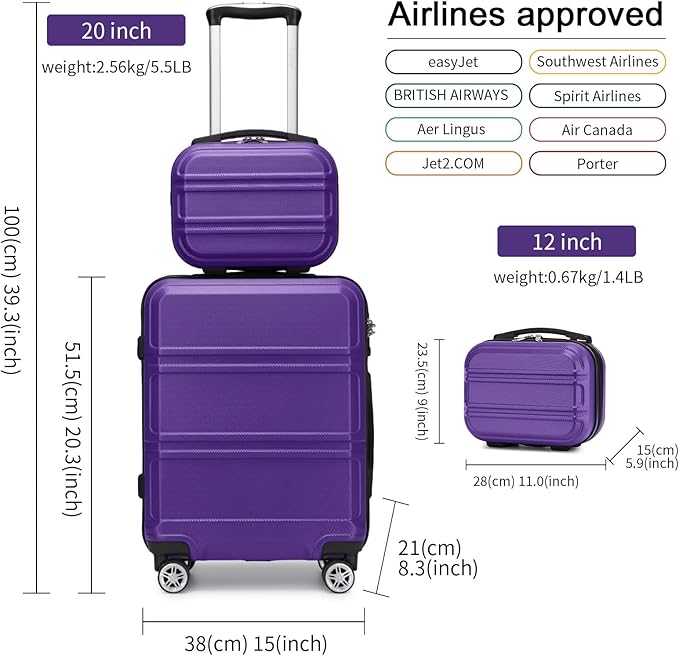 Kono Carry On Luggage Set Airline Approved Lightweight PC+ABS Carry On Suitcase with TSA Lock Spinner Wheels Durable Luggage Hardside Purple