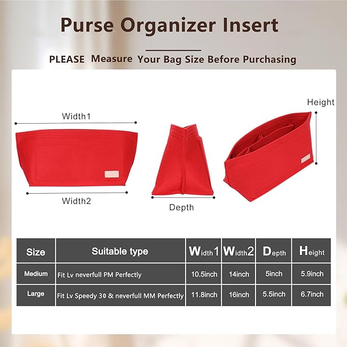 Purse Organizer Insert Compatible with Neverfull GM and More, Felt Bag Organizer Liner with Base Shaper for Tote Handbags, Red, XL