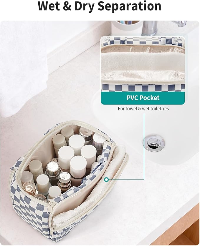 Narwey Checkered Travel Toiletry Bag for Women Large Makeup Bag, Wide-open Cosmetic Make Up Organizer with Handle, Travel Bag for Toiletries, Essentials, Accessories (Greyish Blue Checkerboard)