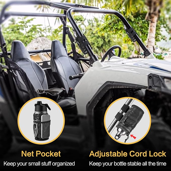 GEARV 2Pack Cup Holder for Bike, Scooter and Wheelchair, Water Bottle Holder for UTV/ATV, Walker, Golf Cart and Beach, Universal Drink Holder Accessories with Net Pocket and Cord Lock (Carbon Fiber)