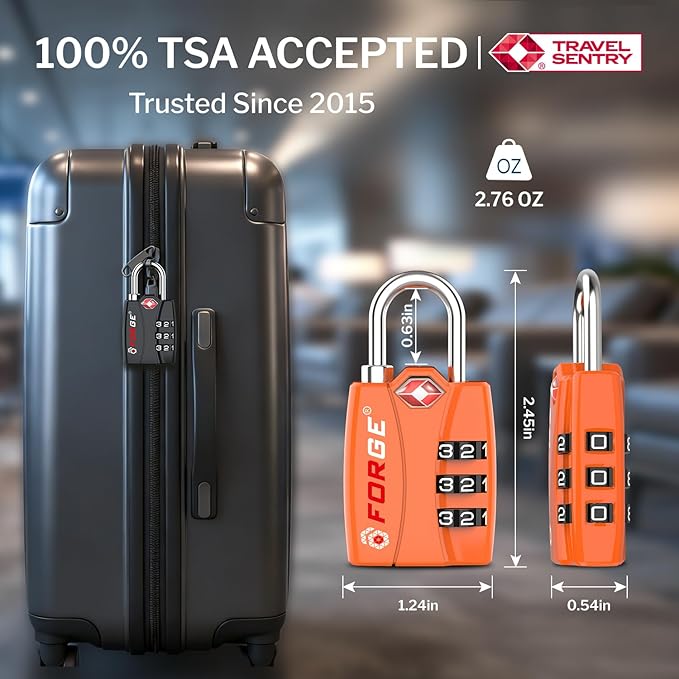 Forge Open Alert TSA Approved Luggage Locks - 3 Digit Combination, Easy Read Dials, Zinc Alloy Body - Ideal Travel Lock for Luggage, Suitcases, Bags & Toolboxes (Orange 2 Locks)