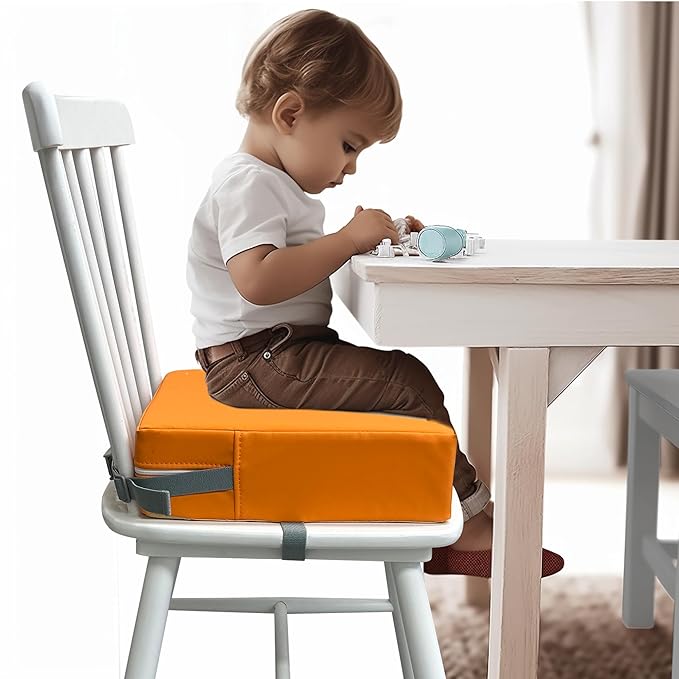 Toddler Booster Seat Dining Table Kitchen Chair, Waterproof Anti-Scratch PU Cushion, Non-Slip Bottom, Adjustable Buckle Straps, Easy Clean Portable Seat Cushion (Orange)