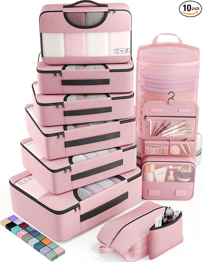 Veken 10 Set Packing Cubes for Travel Essential, Suitcase Organizer Bags in 4 Sizes, Carry-On Luggage Accessories with Large Laundry & Hanging Toiletry Bag, Must-Have for Airplane, Road Trip & Camping