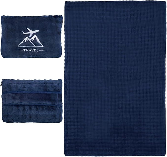 Travel Blanket and Pillow-2-in-1, Ultra-Soft&Compact,Airplane Blanket with Hand Luggage Belt and Backpack Clip,Travelers Accessories Gifts, 61x43 Inches（Navy）