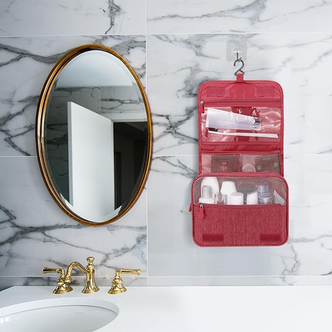 Large Capacity Toiletry Bag Travel Bag with Hanging Hook for Men and Women Waterproof Travel Cosmetic Bag Bathroom Storage Bag for Brushes Set, Full-Sized Shampoo, Toiletries, (Wine Red)