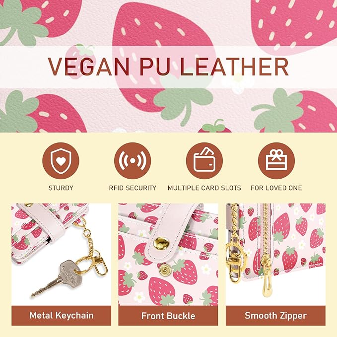 Jogjam Strawberry Rfid Girls Girly Teen Wallet, Small Slim Thin Compact Travel Credit Card Women Wallet, Cute PU Leather Bifold Cash Zipper Coin Pocket ID Window for Female Ladies Gifts