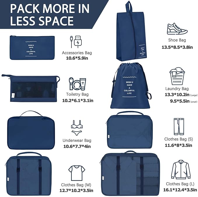 KPX 8 Set Packing Cubes for Travel, Luggage Packing Organizers Accessories Large Toiletries Bag for Clothes Shoes Cosmetics (Navy Blue)