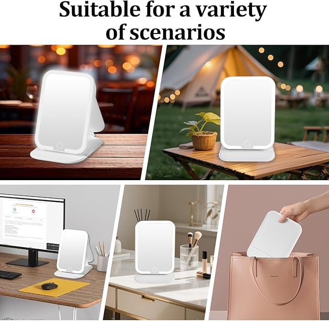 Rechargeable Travel Mirror with Light, LED Makeup Mirror with Lights, Portable Vanity Mirror with 3 Color Lighting, Touch Dimmable Lighted Cosmetic Mirror, Travel Essentials (White)