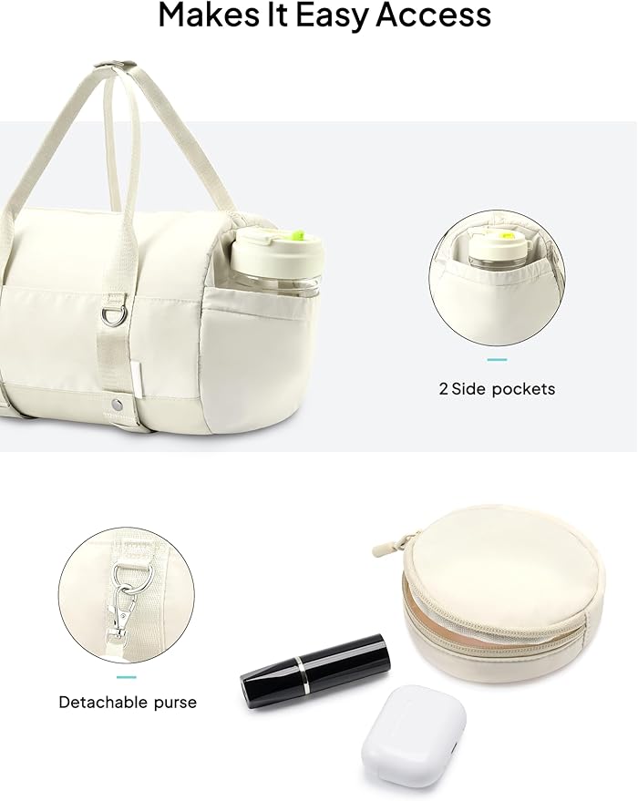 TOPEAST Small Gym Bag for Women with Yoga Mat Holder, Small Sports Duffle Bag Mini Gym Tote Bag with Water Bottle Pocket & Coin Purse for Weekender Travel Dance Workout, Beige