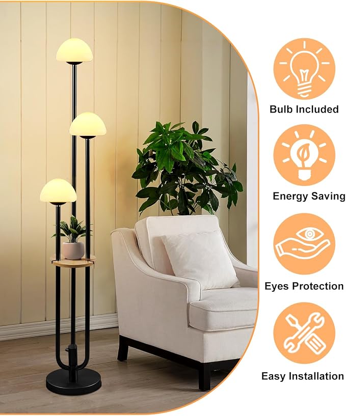 Lightdot Black Dimmable Floor Lamp with Table Modern Floor Lamps with 5Lbs Heavy Base for Living Room 3000K Warm Lights Included Standing Lamp with Mushroom Shades for Bedroom/Sofa Beside/Corner Decor