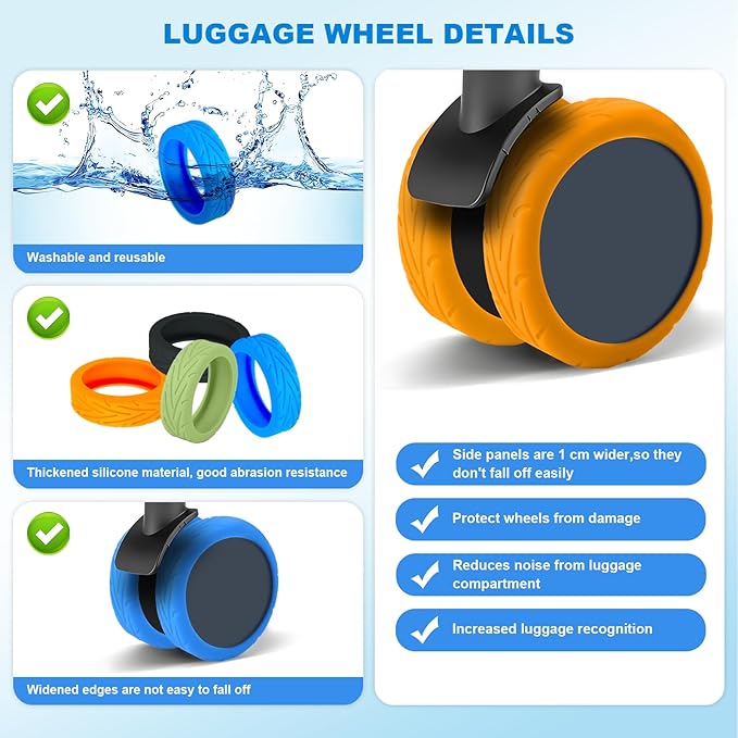 16Pcs Luggage Wheel Covers,Silicone Suitcase Cover for 2-2.4'' Spinner Wheel, Carry On Luggage Wheels Protector,Upgrade Suitcase Wheels Protective,Essential Travel Accessories(Blue)