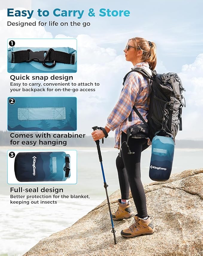 KingCamp Ultralight Camping Blanket, Packable Down Alternative Puffy Printed Wearable Blanket with Snap Buttons & Corner Loops Weatherproof Quilt for Outdoor Travel Stadium (78.7"L x 57.1”W, CYAN)