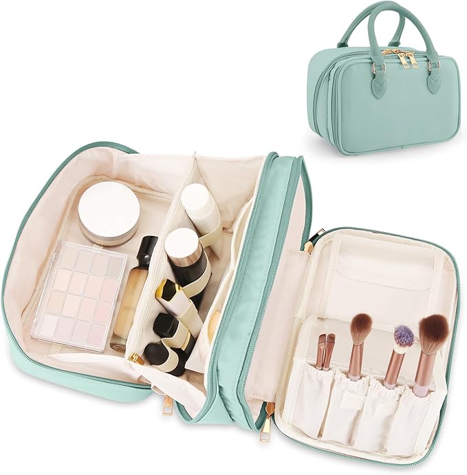 Travel Makeup Bag for Women Fashion Large Capacity Pouch Open Flat Cosmetic Portable Organizer Waterproof Large Opening Storage Toiletry Bags Vertical Free-Standing Brush Holder for Easy Access Blue