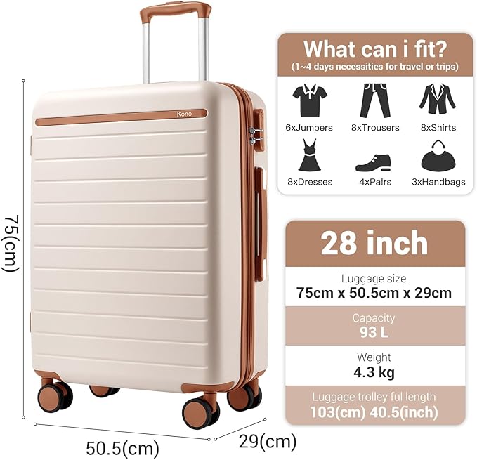 Kono 28 Inch Large Suitcase, Expandable for Long Trips, Impact-Resistant ABS+PC & Silent Wheels, Black, Lightweight Hardshell Luggage, Smooth Rolling Spinner Suitcase for Travel，Cream/Brown