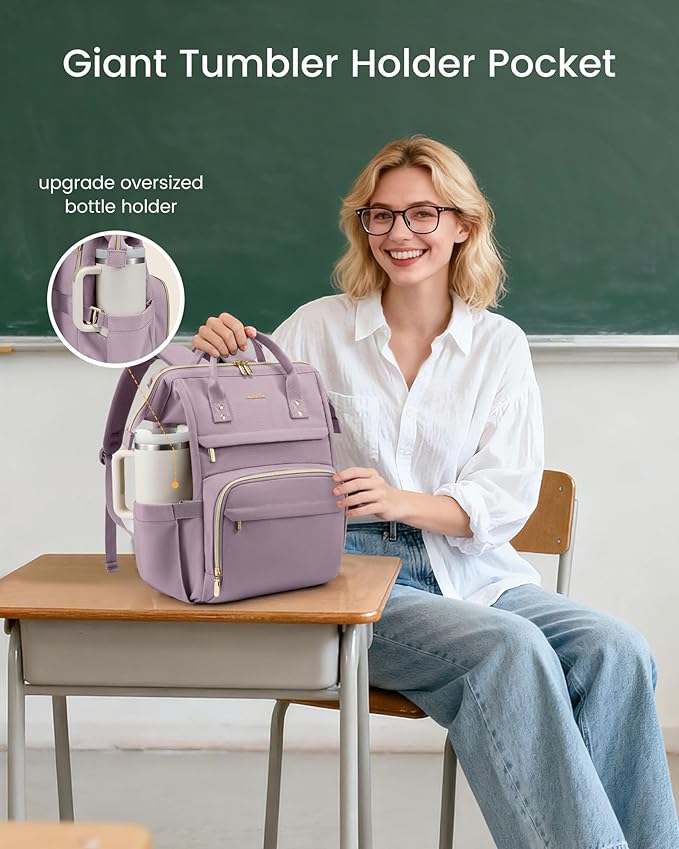 LOVEVOOK Laptop Backpack for Women with Giant Tumbler Holder Pocket,15.6 inch Waterproof Travel Backpack Purse Computer Laptop Bag,Professional Work College Nurse Teacher Backpack Daypack,Light Purple