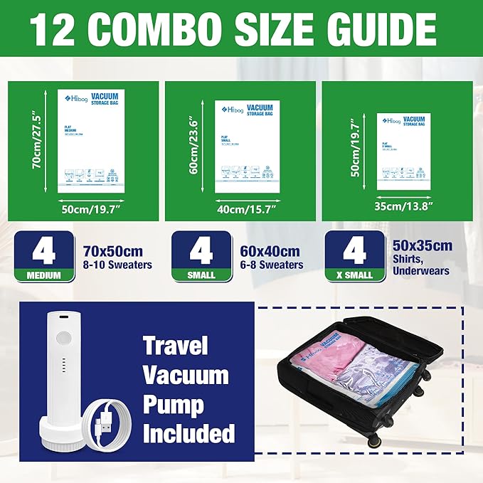 Travel Vacuum Bags with Electric Pump, Vacuum Travel Bags for Luggage and Suitcase, Combo 12 Pack