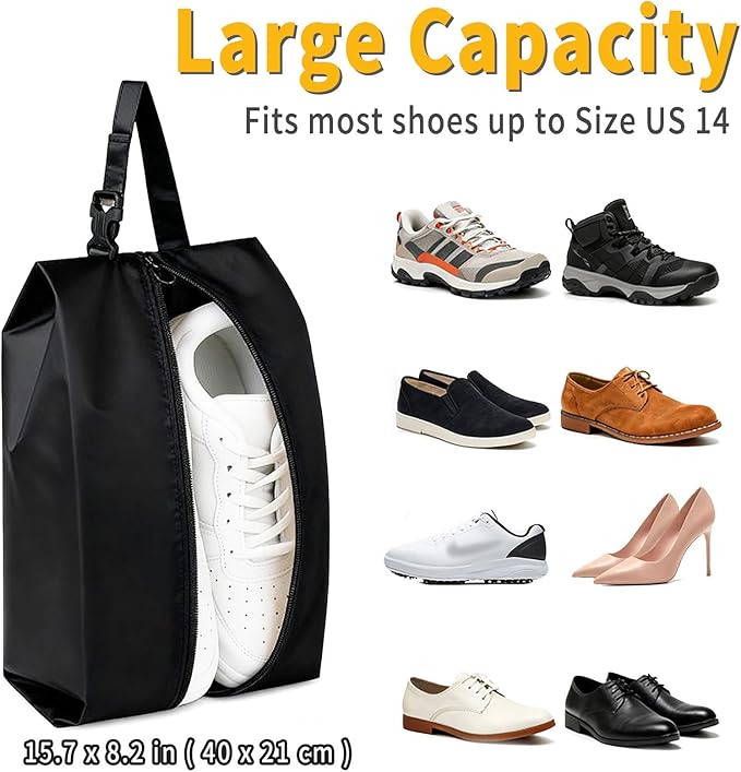 4-Pack Travel Shoe Bags for Packing in Suitcase – Hanging Buckle Shoe Storage Pouches with Zipper and Handle, Portable Bags for Gym, Sports, Cleat and Ballet (Black)
