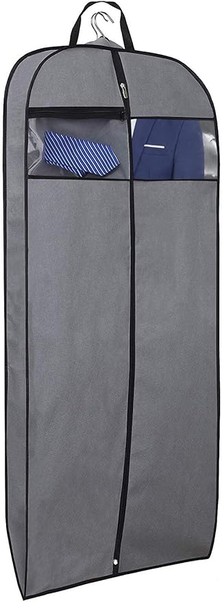 MISSLO 50" Gusseted Travel Garment Bag with Clear Zipper Pouch Breathable Dress Storage Garment Cover for Hanging Full Length Coat, Long Jacket, Suit with Tails, Grey
