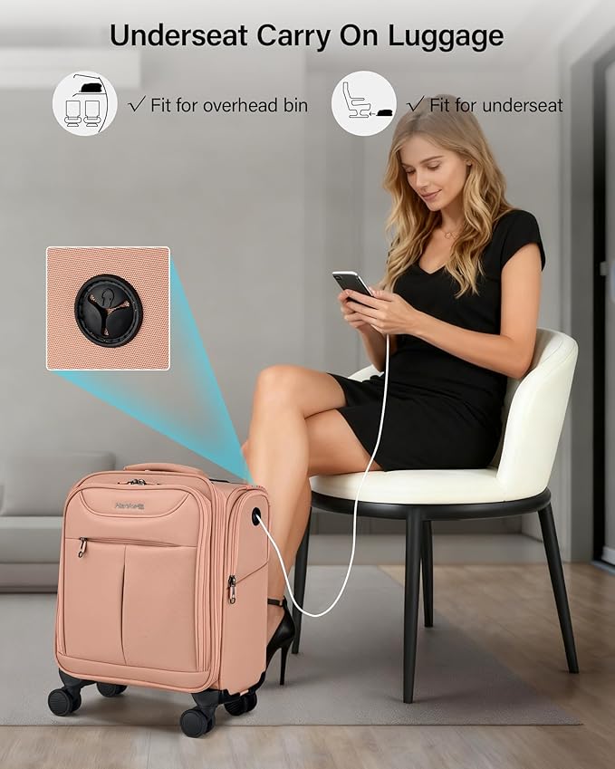 Hanke Underseat Carry On Luggage with Wheels, Lightweight Small Suitcase Airline Approved 16 Inch Softside Personal Item Travel Bag for Women Men, Compact Under Seat Luggage with Spinner Wheels.(Pink)