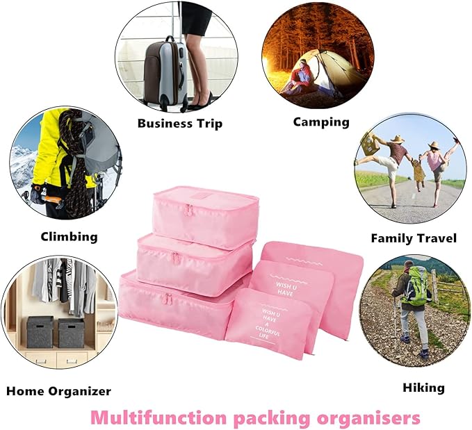 6 Pack Packing Cubes for Suitcases, Luggage Organizer, Travel Bag Organizer Storage Bags, Travel Cubes Compression (Pink)