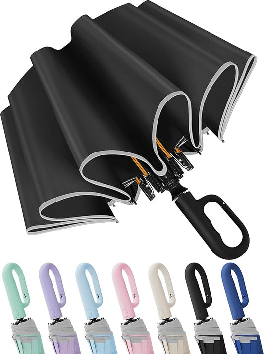 Seniny Travel Umbrella with Carabiner Handle, Windproof Large Umbrellas for Rain with Dual-Rib Structure, Portable Compact Umbrella with Reflective Strip, Car Backpack UV Umbrellas for Sun Protection