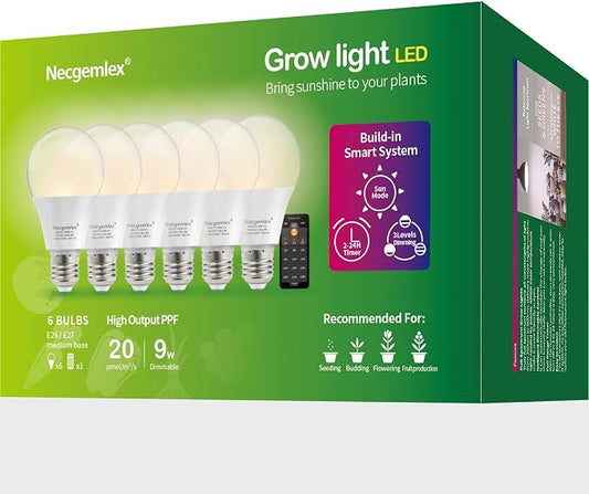 Smart Grow Light Bulbs for Indoor Plants, Programmable Timer and Dim | Full Spectrum Plant Grow Bulbs, Dimmable, 9W, E26/27, 4500K, Remote Control, Sun Mimics Mode, Daily Auto On/Off, 6Pack