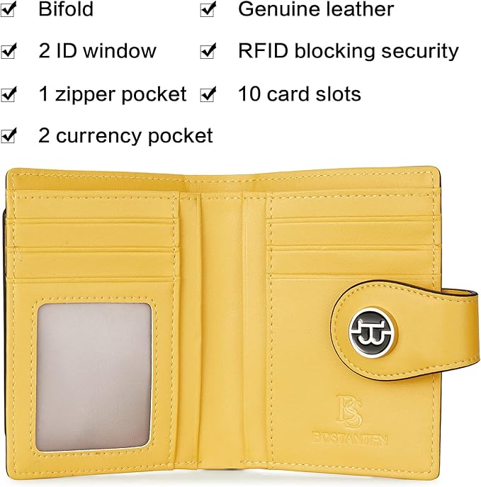 BOSTANTEN Women Leather Wallet RFID Blocking Small Bifold Zipper Pocket Wallet Card Case Purse with ID Window