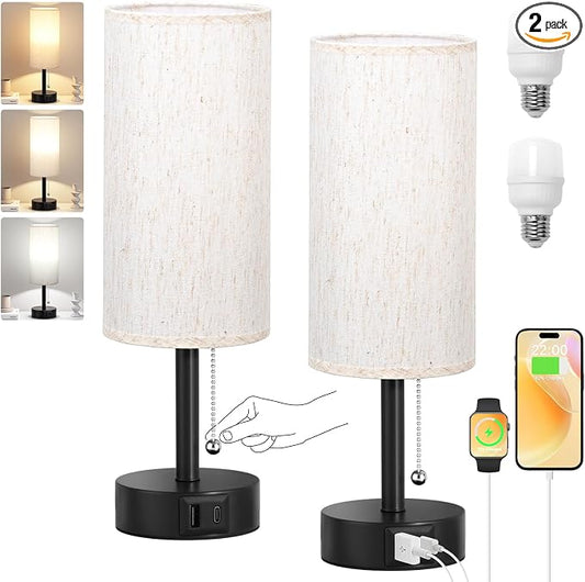 Cream Bedside Table Lamps Set of 2 - Bedroom Lamp for Desk, USB C+A | 3CCT(3000K/4000K/5000K), LED Bulbs Included, Cream Fabric Lampshade, 14in Small Lamp for Nightstand, Guest Room, Living Room