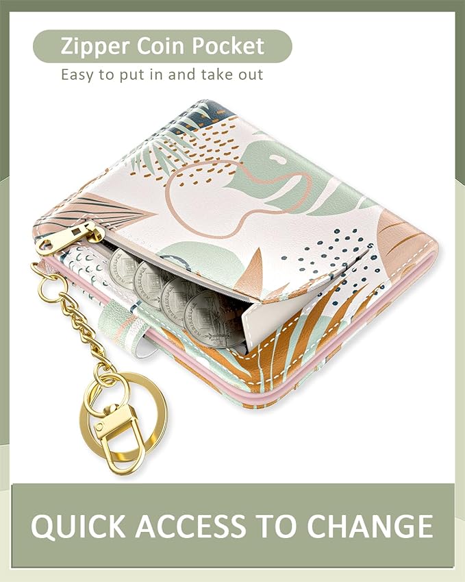 Aiawoxc Womens Wallet, RFID Small Wallets for Women, Slim Compact Credit Card Holder, Cute Leather Bifold Ladies Purse with Zipper Coin Pocket and ID Window, Boho Leaves