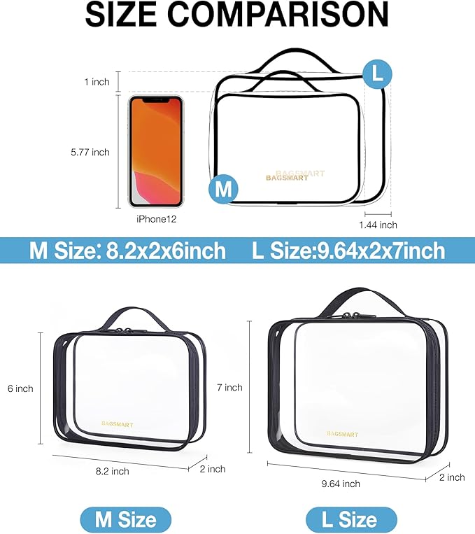BAGSMART Clear Toiletry Bag, TSA Approved Travel Toiletry Bag Carry On Travel Accessories Bag Airport Airline Quart Size Bags water-resistant Makeup Bag for Women
