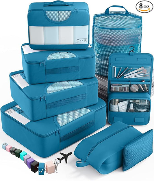 Veken 8 Set Packing Cubes for Travel Essentials, Suitcase Organizer Bags in 4 Sizes, Carry-On Luggage Accessories with Large Laundry & Hanging Toiletry Bag, Must-Have for Airplane, Road Trip & Camping